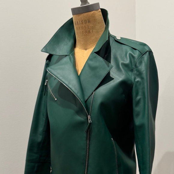 $1795 Lafayette 148 Elm Green Leather Moto Bernice Jacket Size Medium NWT - Picture 6 of 9